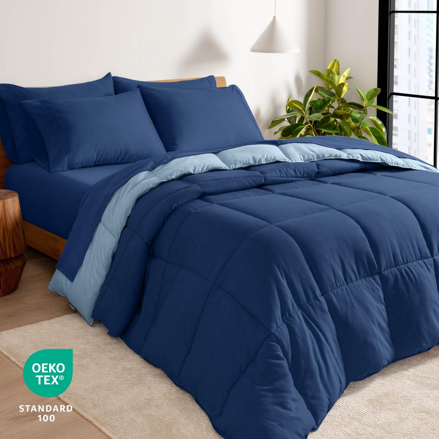 Bare Home Reversible Bed-in-A-Bag Comforter & Sheet Set - Queen - Down Alternative - Soft - Bedding Set (Queen, Dark Blue/Light Blue)
