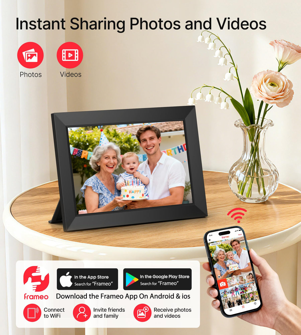 Frameo Digital Picture Frame 10.1" Electronic Photo Frames WiFi 32GB Memory