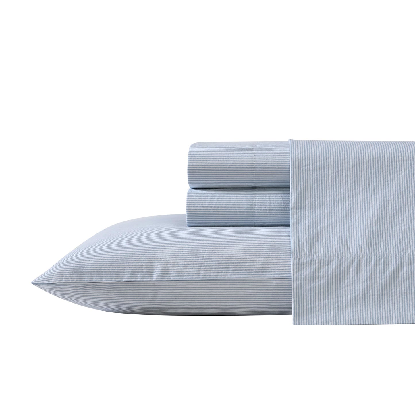 Nautica – Twin XL Size Sheet Set, Crisp Cotton Percale Bedding with Matching Pillowcase, Lightweight & Breathable Bed Sheets, Deep Pocket, College Dorm Room Essentials (Penny Pinstripe Blue)