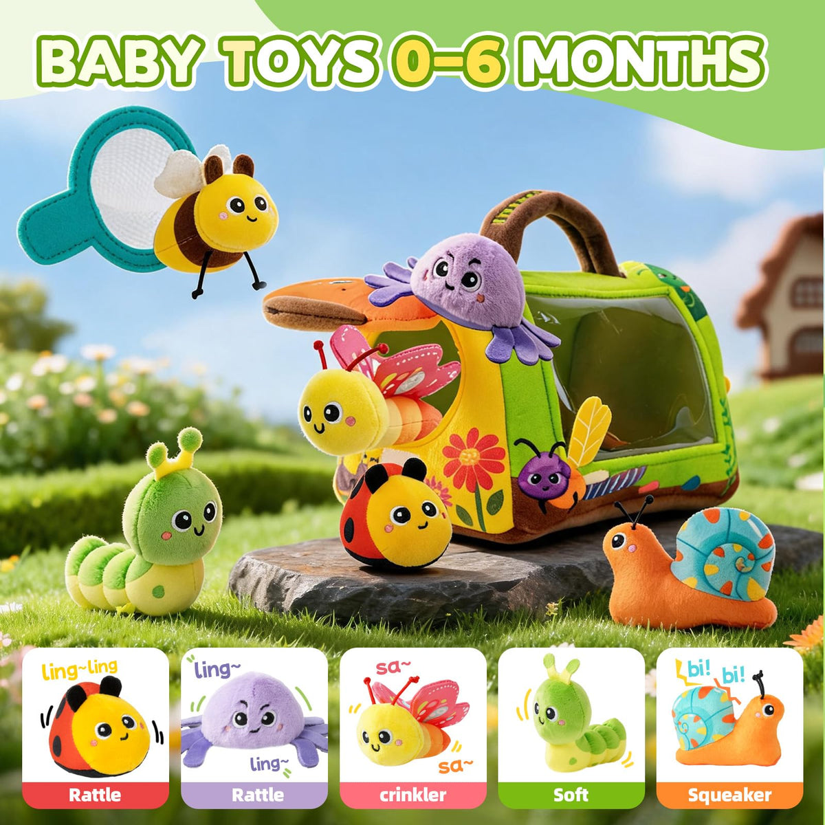 Baby Toys 6-12 Months, Insect House Sensory Toy Set with Rattle, Crinkling Parts and Mirror, Montessori Toy for 1-3, Plush Gift for Boys and Girls(Green)