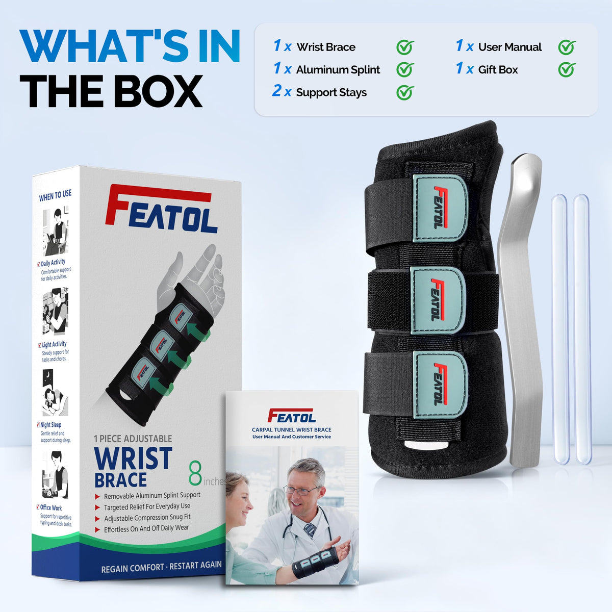 FEATOL Carpal Tunnel Wrist Brace Night Support, Adjustable Left Hand Brace