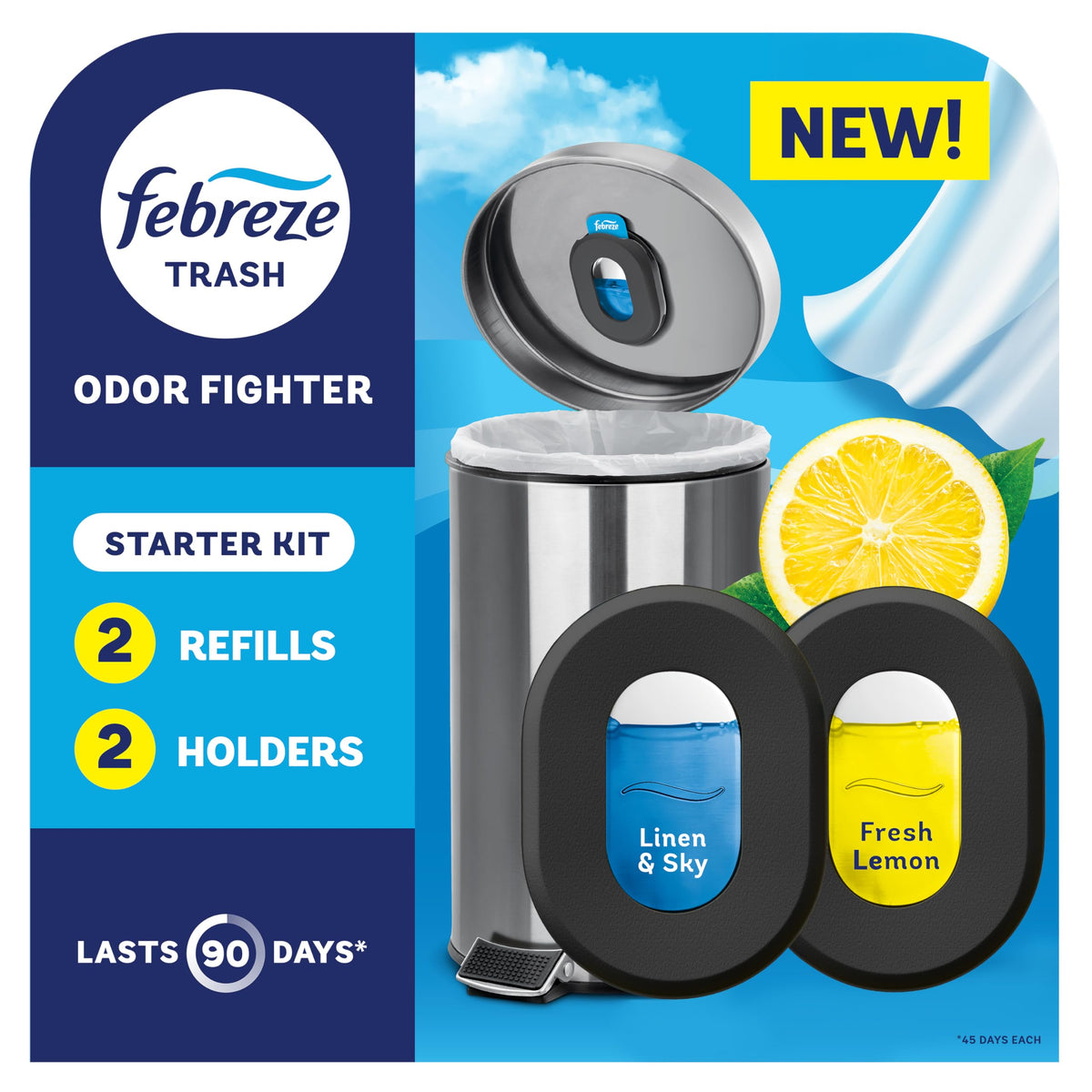 Febreze Odor Fighter, Can Air Freshener, Stick-On Deodorizer for Garbage Cans, Diaper Pails, Works with Scented Bags, Fresh Lemon and Linen & Sky Scents, 2 Holders + 2 Refills