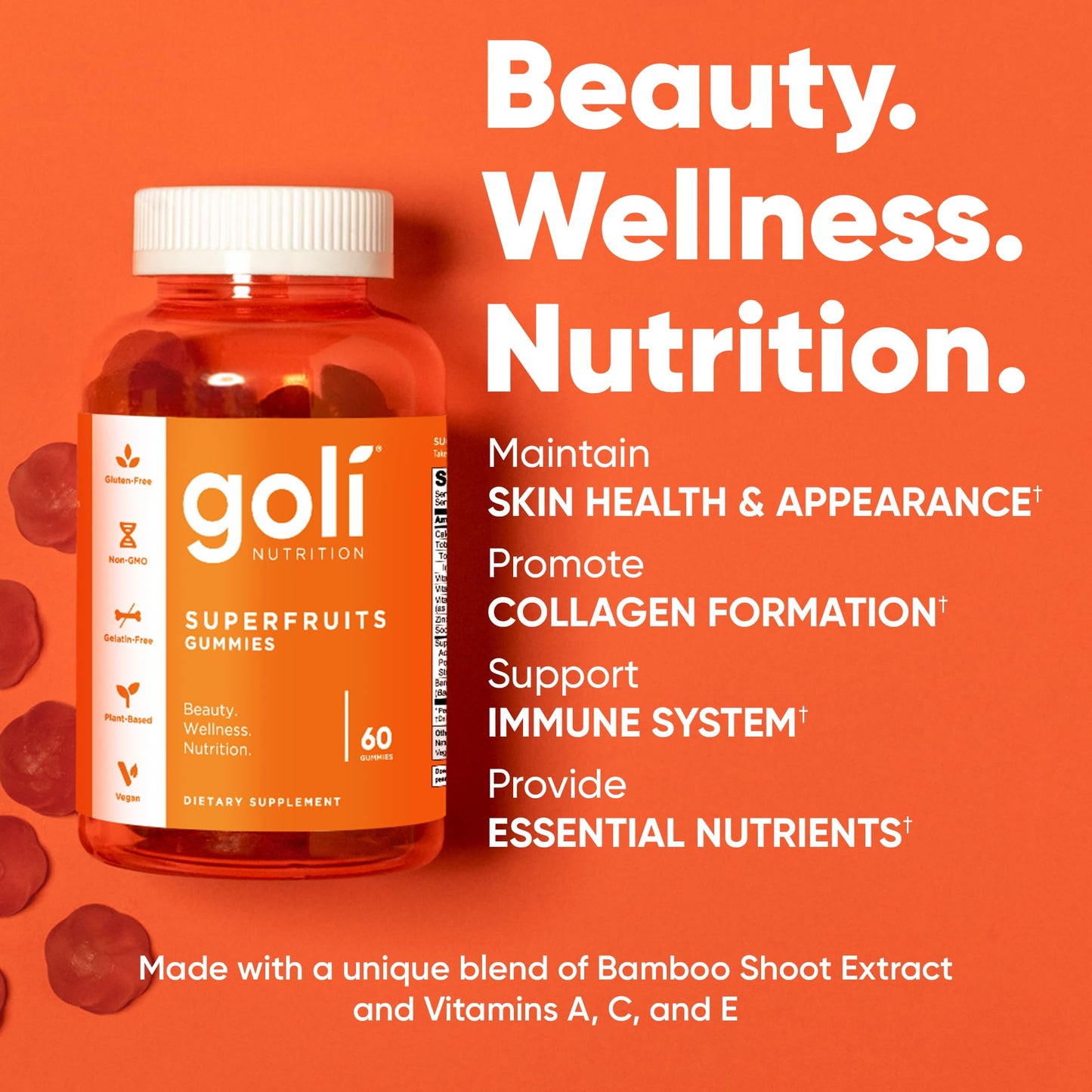 Goli Superfruits Beauty Gummies with Bamboo Silica - Vitamins A, C, E, Zinc - Collagen Support with Superfruit Blend - Vegan, Non-GMO, Gluten-Free