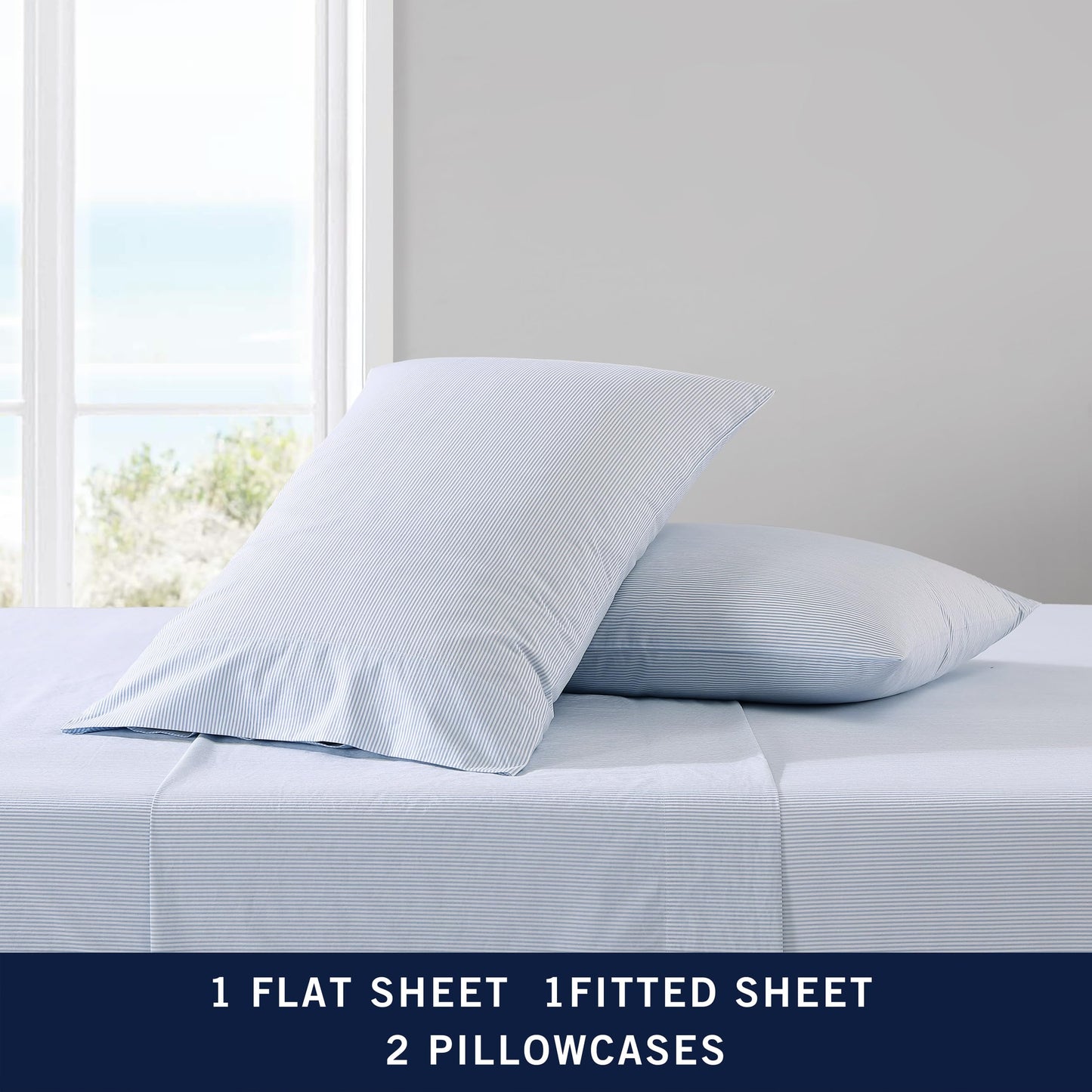 Nautica – Twin XL Size Sheet Set, Crisp Cotton Percale Bedding with Matching Pillowcase, Lightweight & Breathable Bed Sheets, Deep Pocket, College Dorm Room Essentials (Penny Pinstripe Blue)