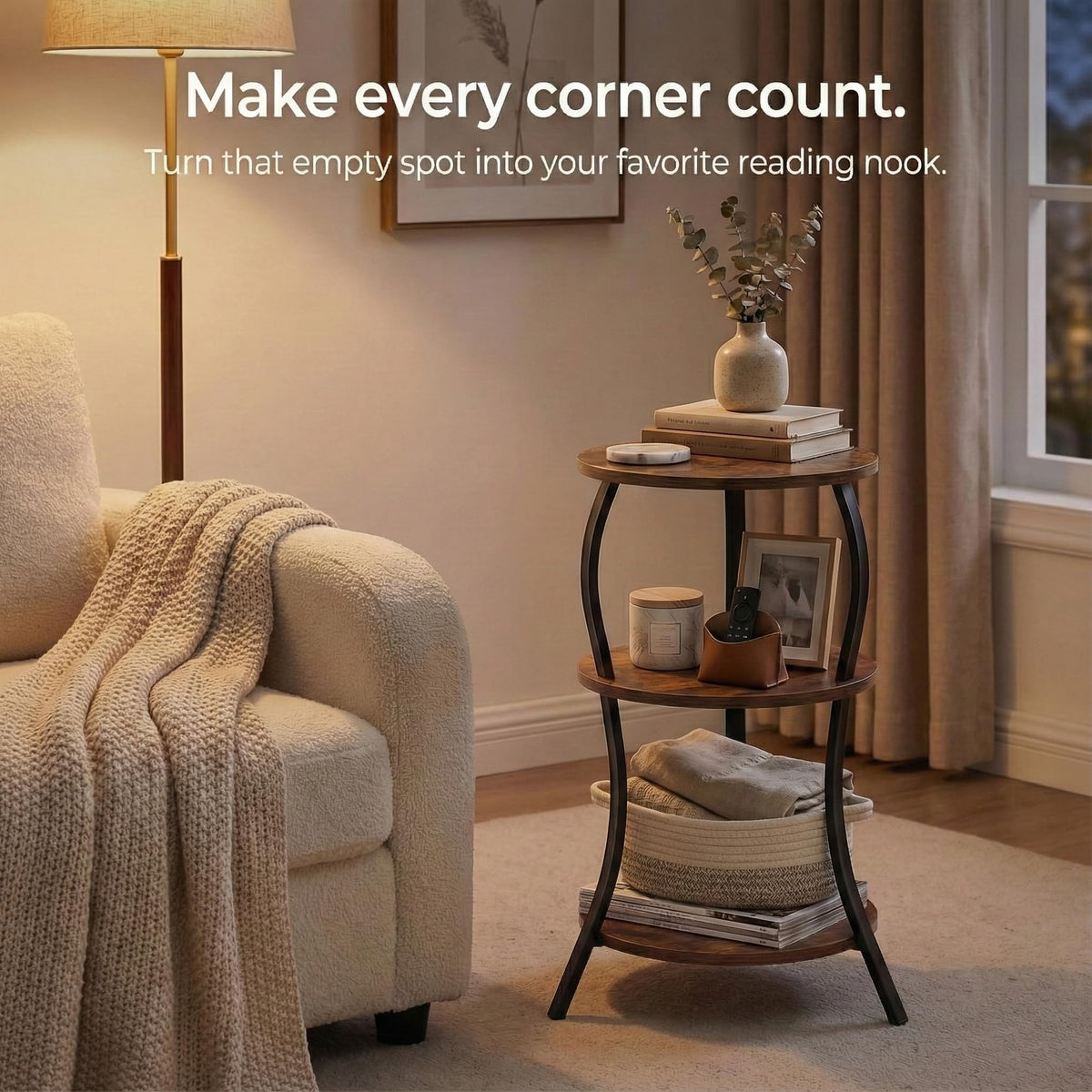YEAKOO Vintage Small Round Side Table,3-Tier End Table for Small Spaces