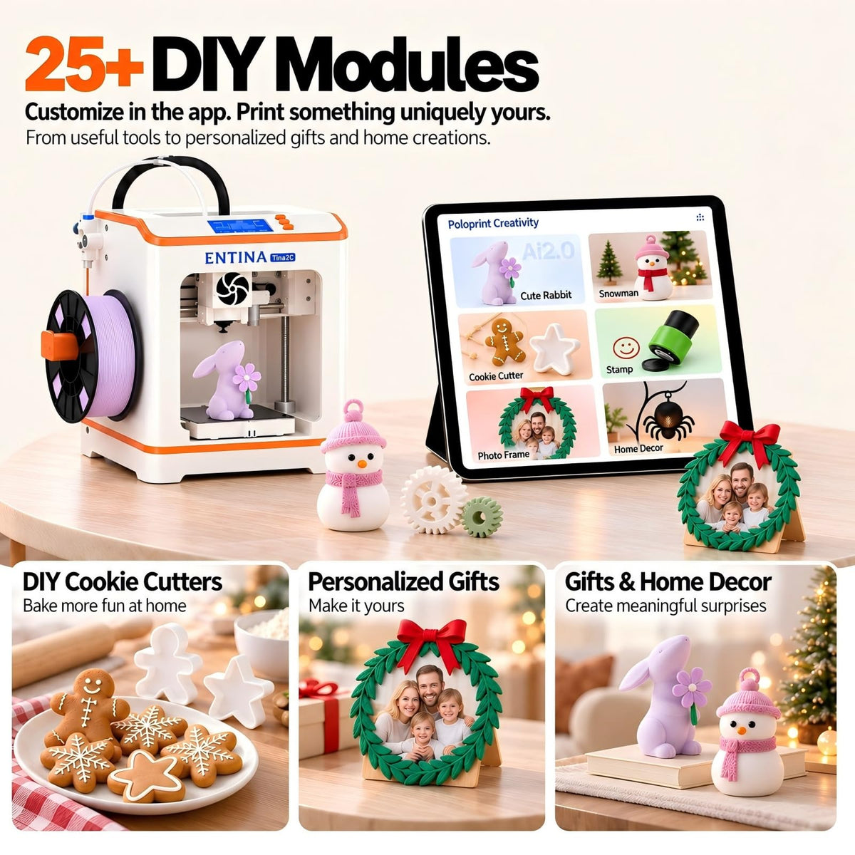 Entina Tina2C Mini 3D Printer Bundle for Kids & Beginners, Fully Assembled, Auto Leveling, Easy Setup, WiFi & App Control, 3500+ Models, 25+ DIY Modules, Includes 4-Color PLA Filament