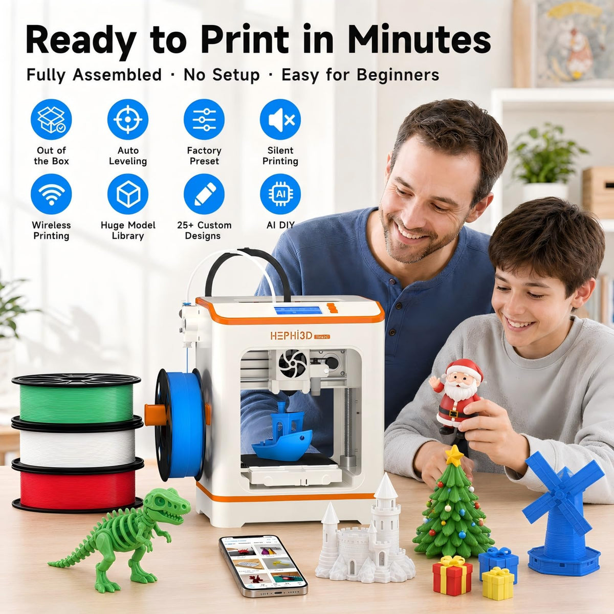 Hephi3d TINA2C 3D Printer for Beginners & Kids with Filament Starter Kit