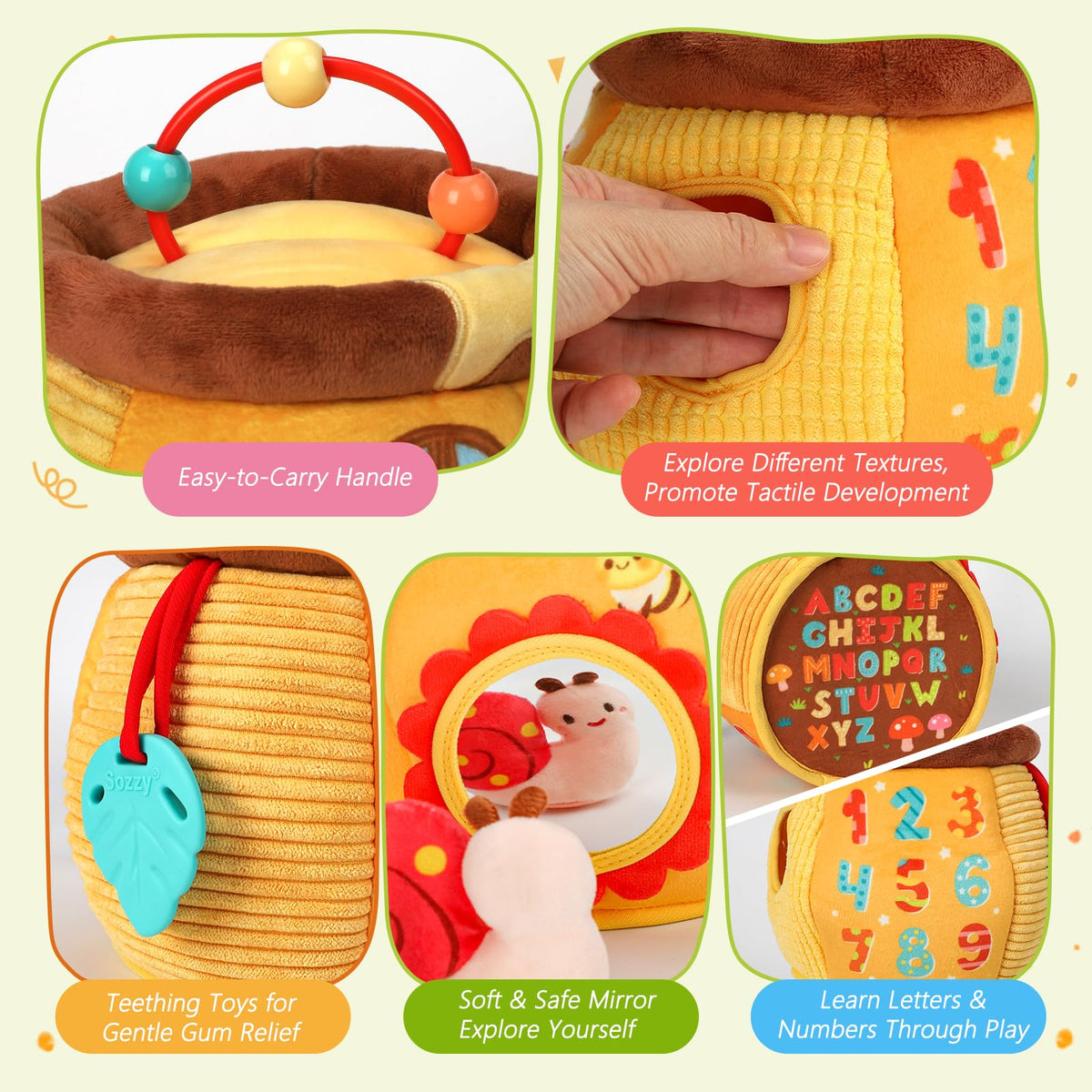 Baby Sensory Toy for 6-12 Months, Soft Honey Jar with 6 Stuffed Animal Toys