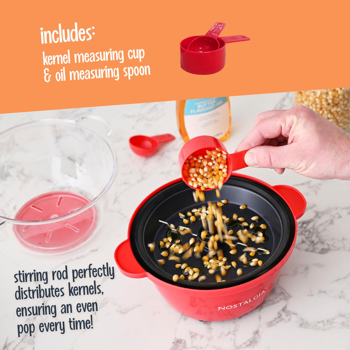 Nostalgia Electric Non-Stick Stirring Popcorn Machine with Hot Oil- Easy-To-Clean Popcorn Popper with Dual-Use Bowl & Cool-Touch Handles- Popcorn Maker for 8 Cups of Theater Style Popcorn- Red