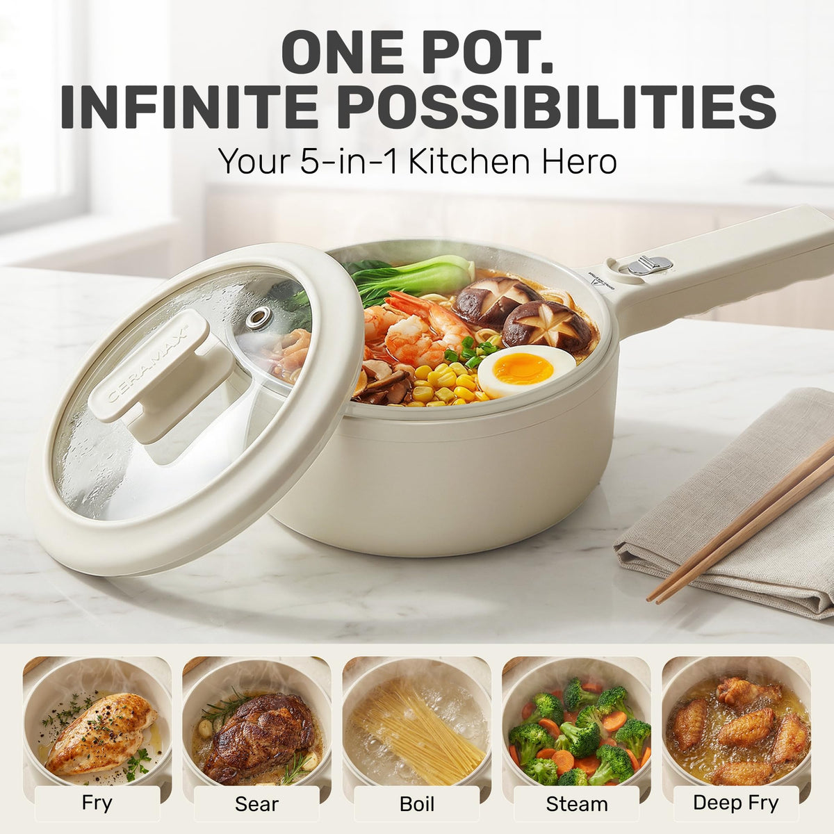CERAMAX PRO 1.5L Electric Hot Pot with Lid & Steamer