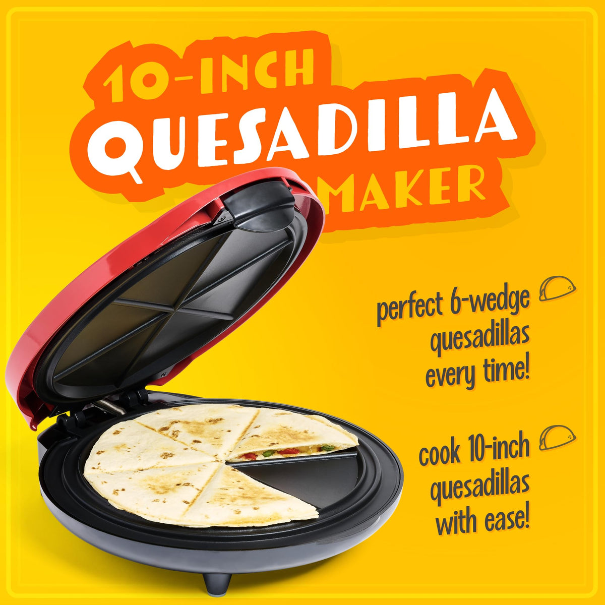Taco Tuesday Deluxe 10-inch 6-Wedge Electric Quesadilla Maker with Extra Stuffing Latch, Red