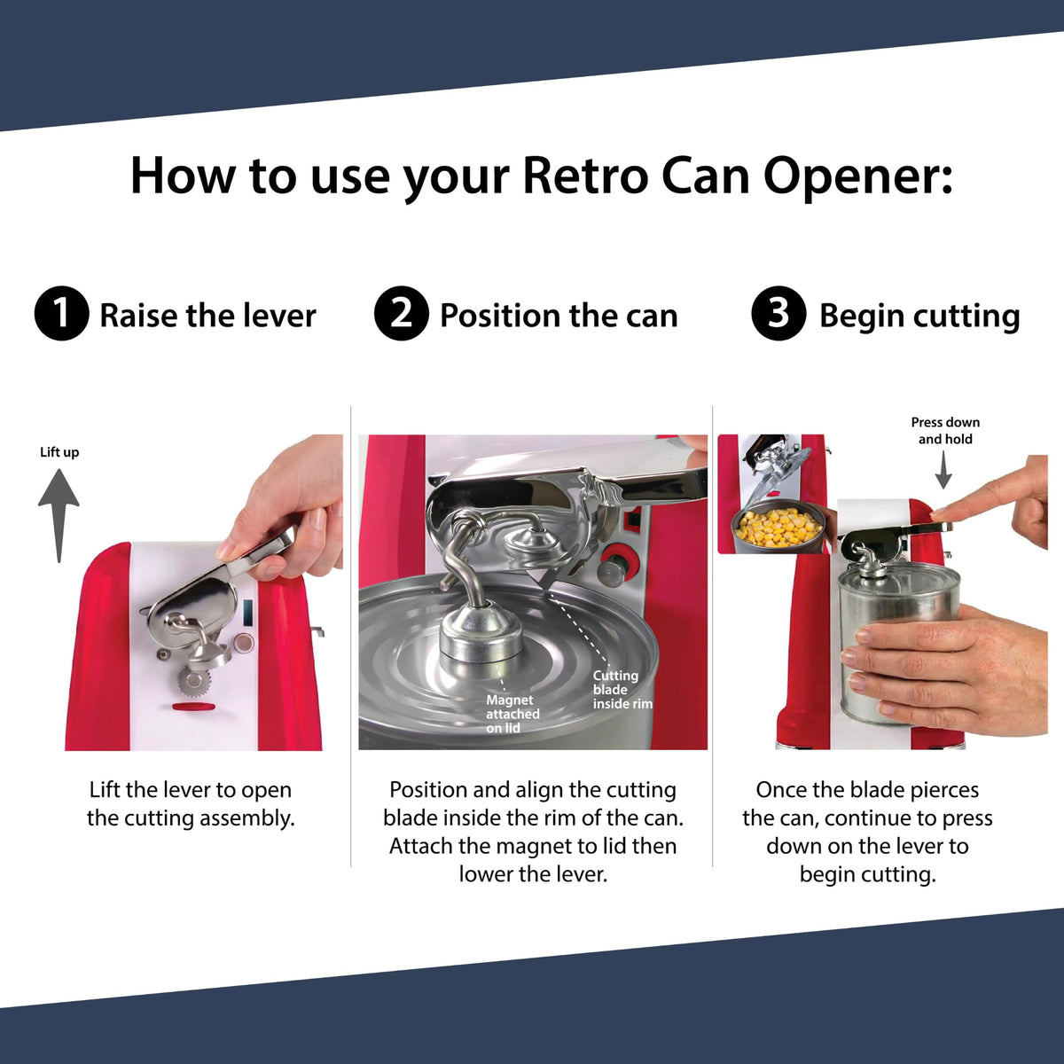 Nostalgia Retro Electric Can Opener for Kitchen with Magnetic Lid Remover, Knife Sharpener, and Soda or Beer Bottle Opener, Red