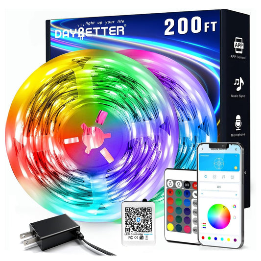 DAYBETTER LED Strip Lights 200 ft (2 Rolls of 100 ft), Smart App Control Lighting Bedroom Rome Decor with Remote, RGB Color Changing LED Lights for Party