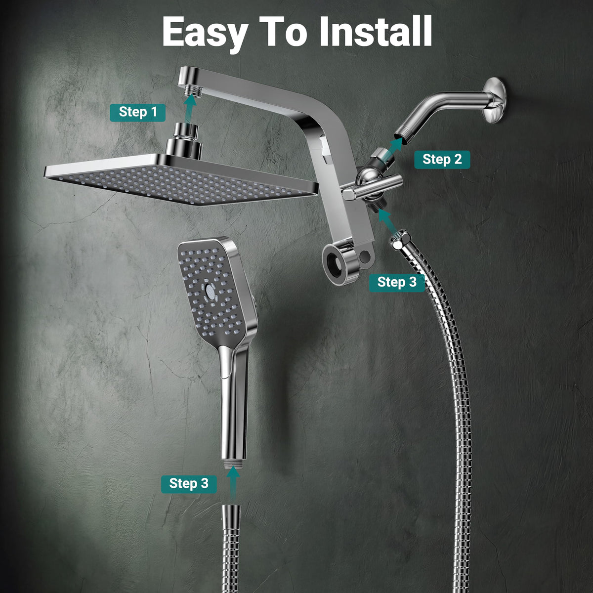 KOSNEW® 12" XXL Rainfall Shower Head with Handheld Combo, Chrome Polished