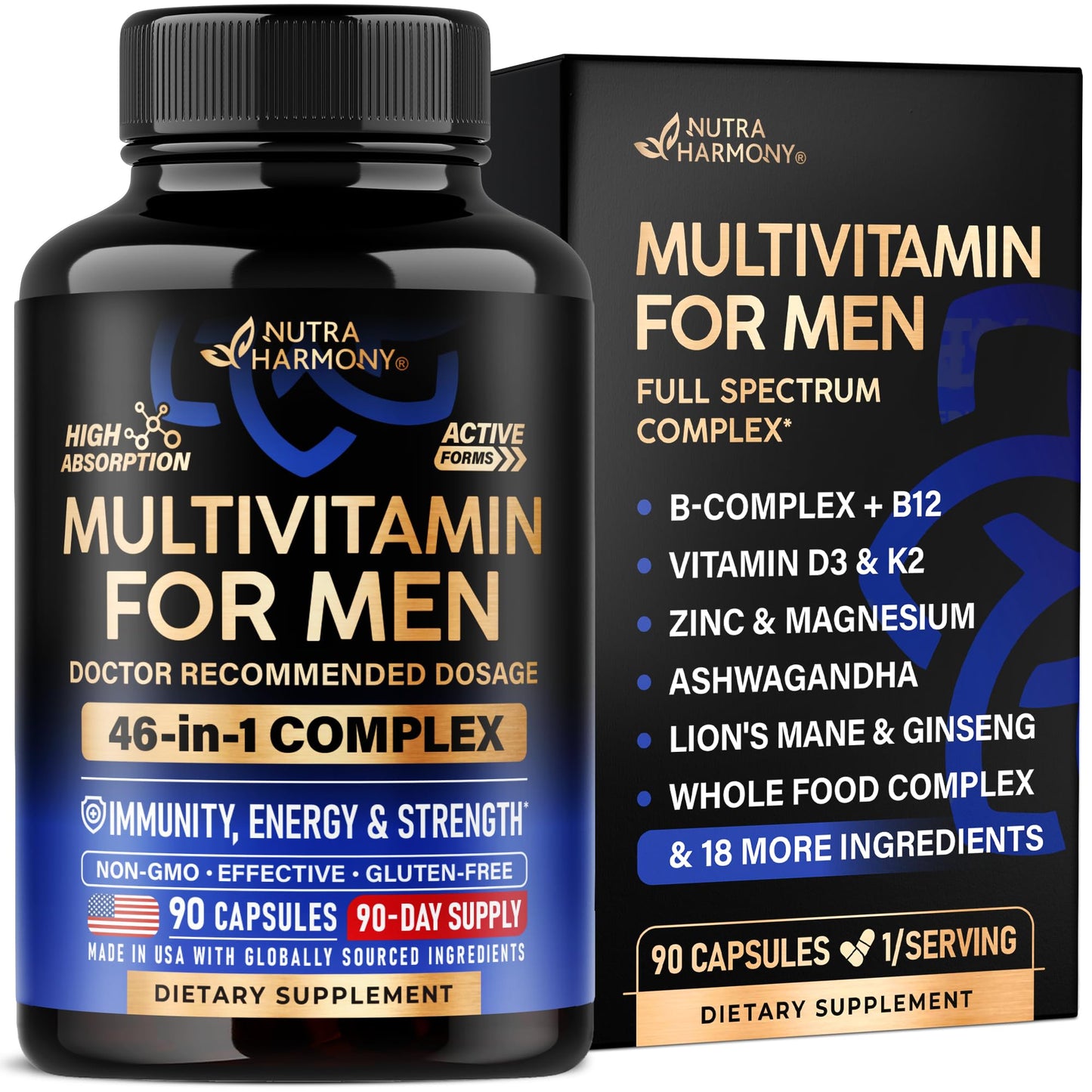 Multivitamin for Men - B-Complex & B12 | Whole Foods & Enzymes - 90 Caps