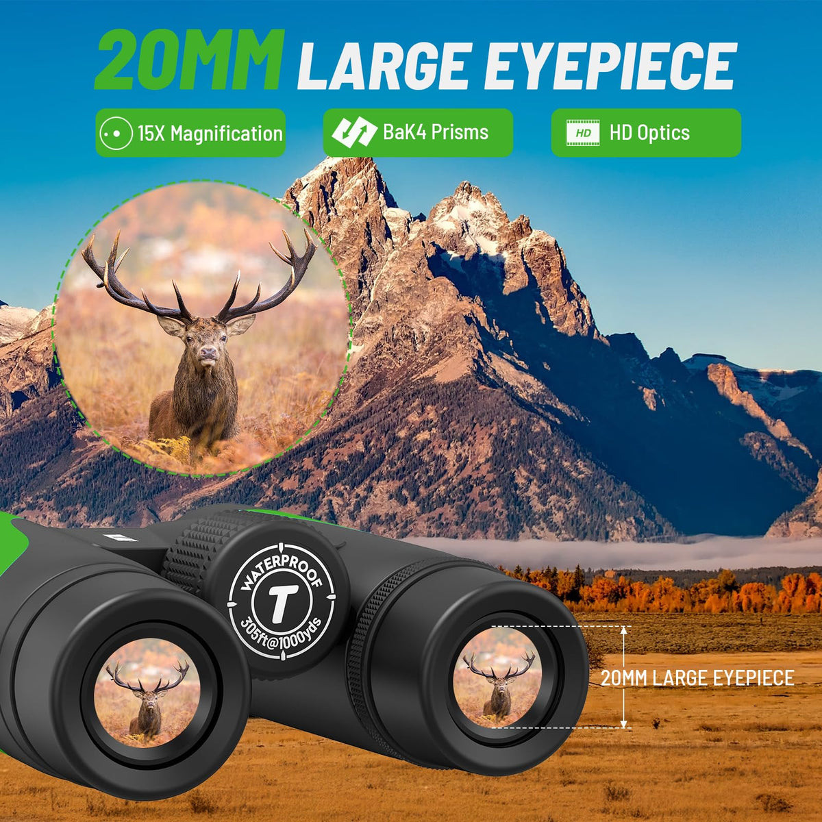 15x55 UHD Binoculars for Adults High Powered with Phone Adapter - Large View, BAK4 Prism, Waterproof, Lightweight for Bird Watching, Hunting, Cruise, Travel, Camping (Green)