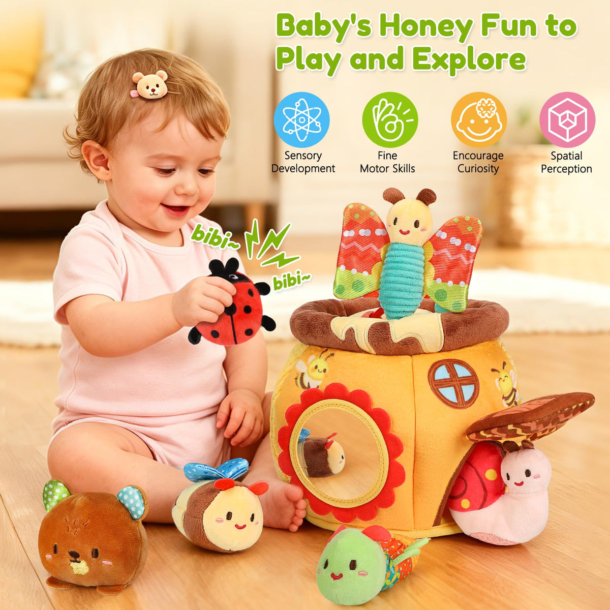 Baby Sensory Toy for 6-12 Months, Soft Honey Jar with 6 Stuffed Animal Toys