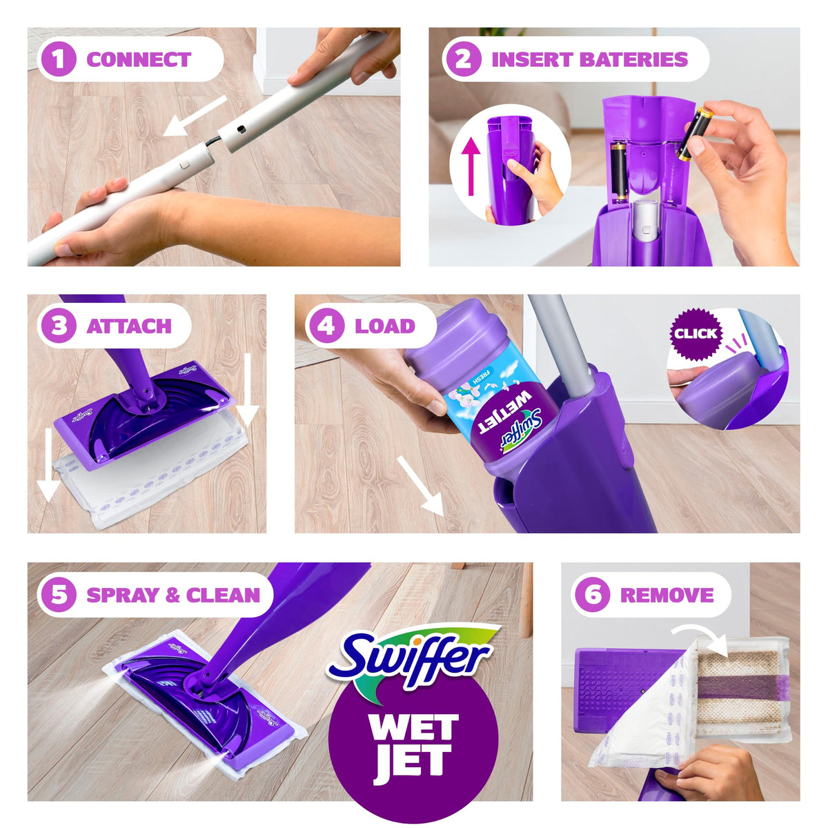Swiffer WetJet Hardwood and Floor Spray Mop Cleaner Starter Kit, Includes: 1 Power Mop, 10 Pads, Cleaning Solution, Batteries
