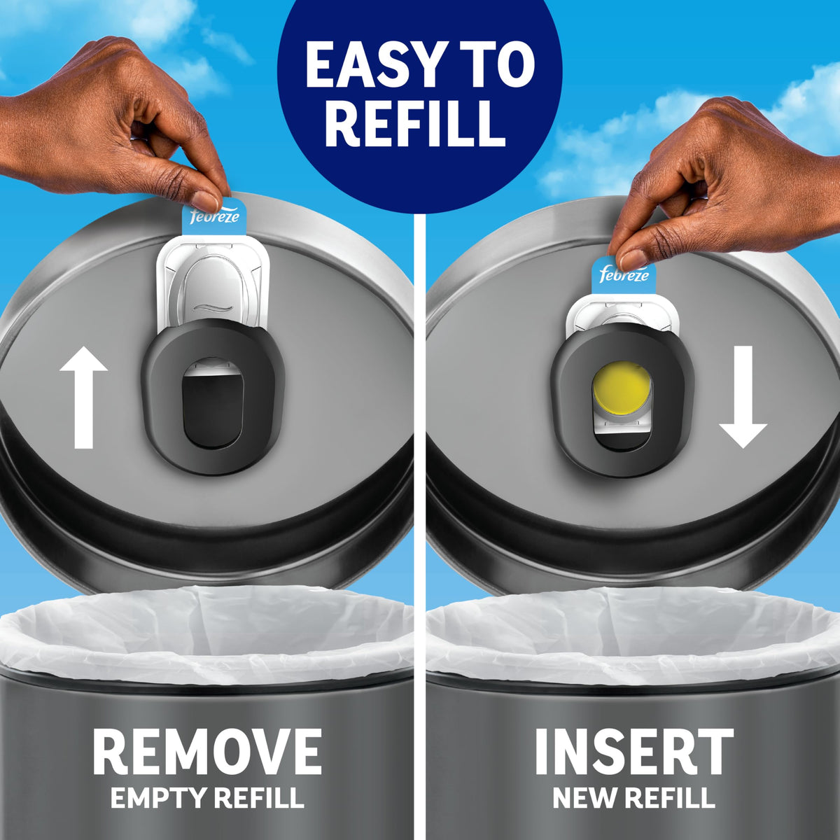 Febreze Odor Fighter, Can Air Freshener, Stick-On Deodorizer for Garbage Cans, Diaper Pails, Works with Scented Bags, Fresh Lemon and Linen & Sky Scents, 2 Holders + 2 Refills