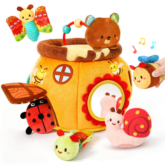 Baby Sensory Toy for 6-12 Months, Soft Honey Jar with 6 Stuffed Animal Toys