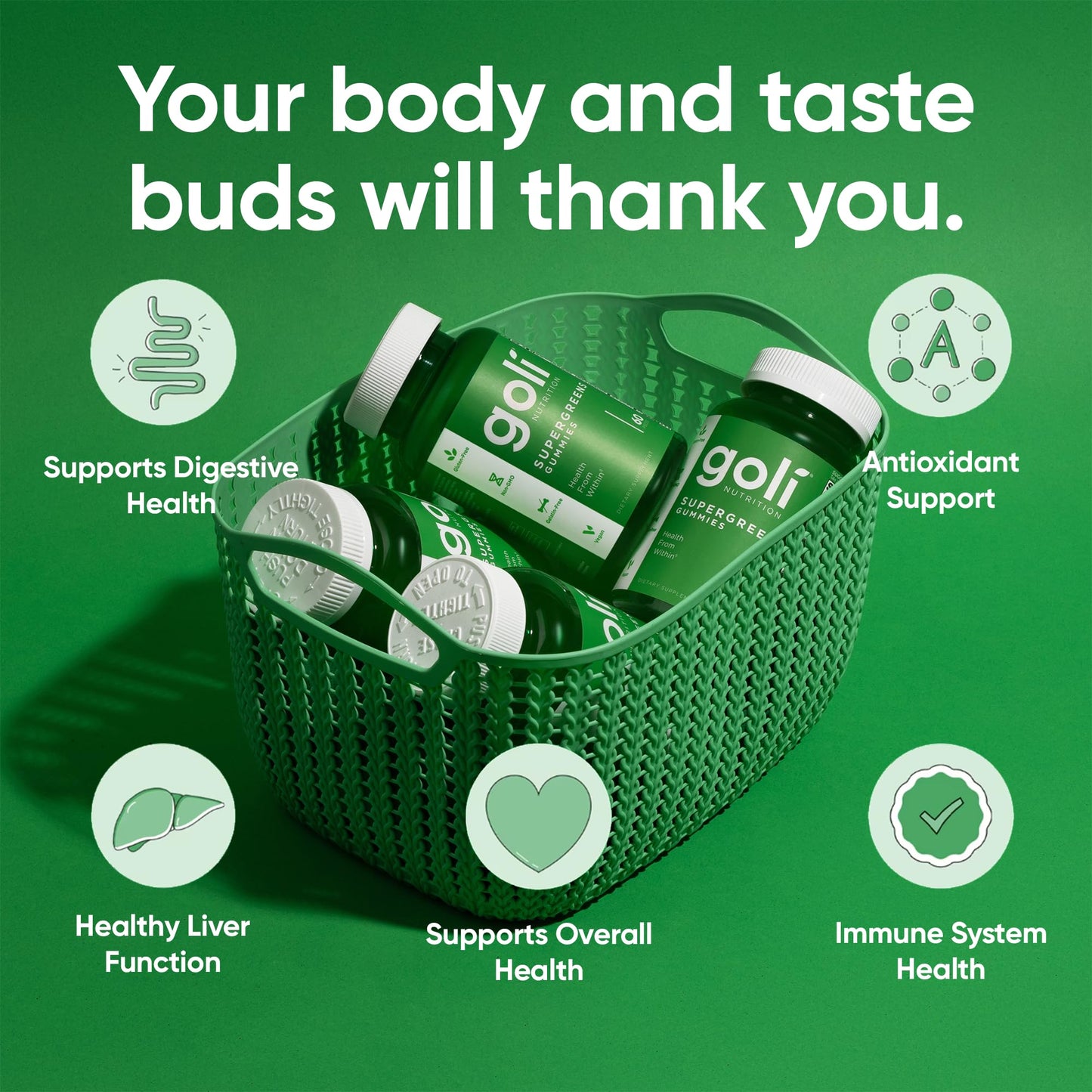 Goli SuperGreen Vitamin Gummy - 60 Count - Essential Vitamins and Minerals - Plant-Based, Vegan, Gluten-Free & Gelatin Free - Health from Within, Pack of 1