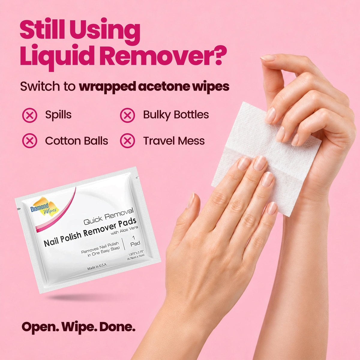 Diamond Wipes Nail Polish Remover Wipes, Aloe Vera Pads, 50 Count