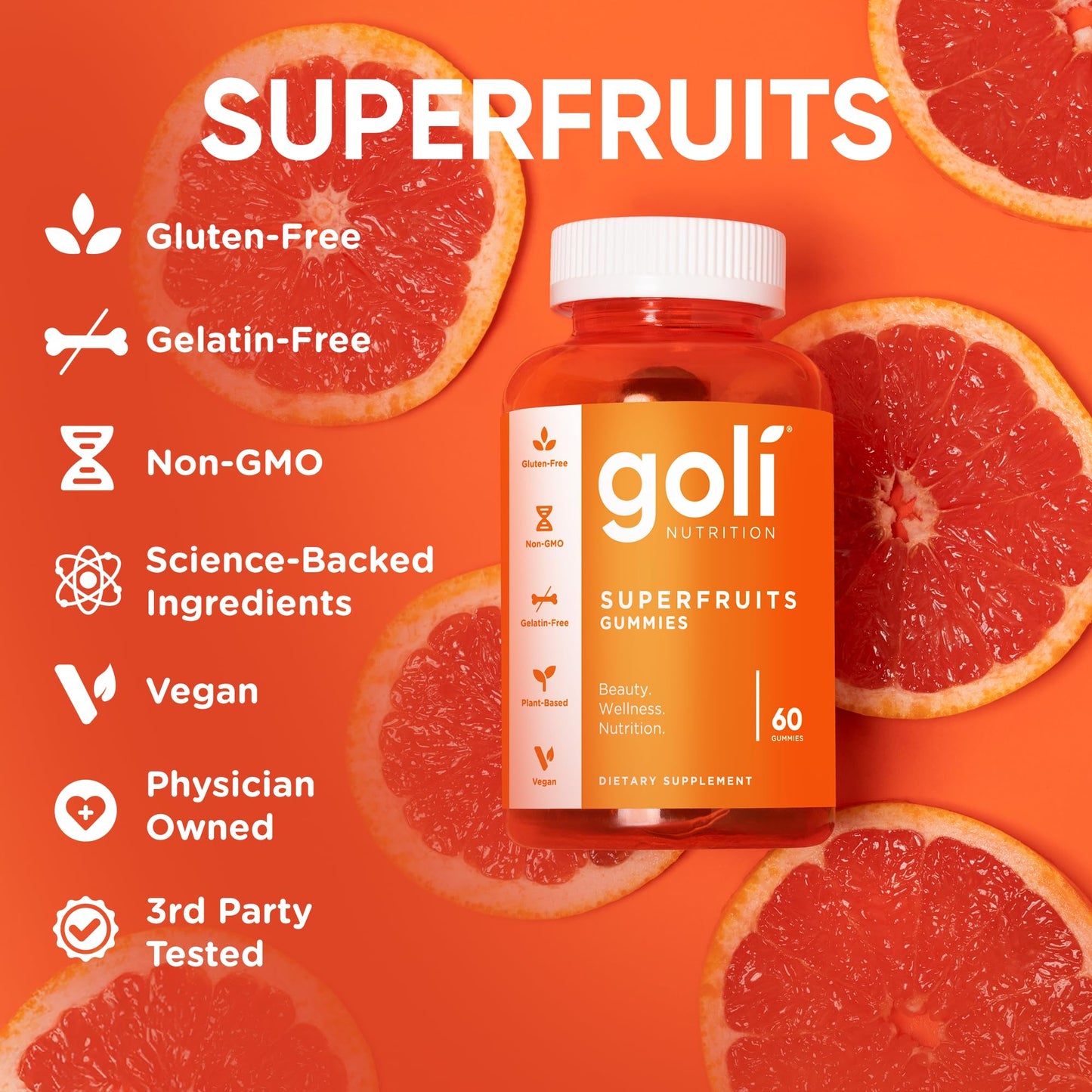 Goli Superfruits Beauty Gummies with Bamboo Silica - Vitamins A, C, E, Zinc - Collagen Support with Superfruit Blend - Vegan, Non-GMO, Gluten-Free