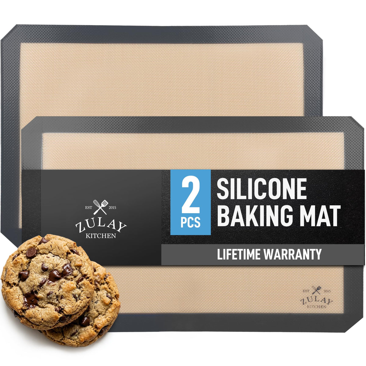Zulay Kitchen Silicone Baking Mat 2 Pack – 16.5"×11.6" BPA-Free Reusable Baking Sheet, Heat Resistant 480°F – Non-Slip Border, Perfect for Cookies, Bread, Pastries & Oven Use - (Dark Gray)
