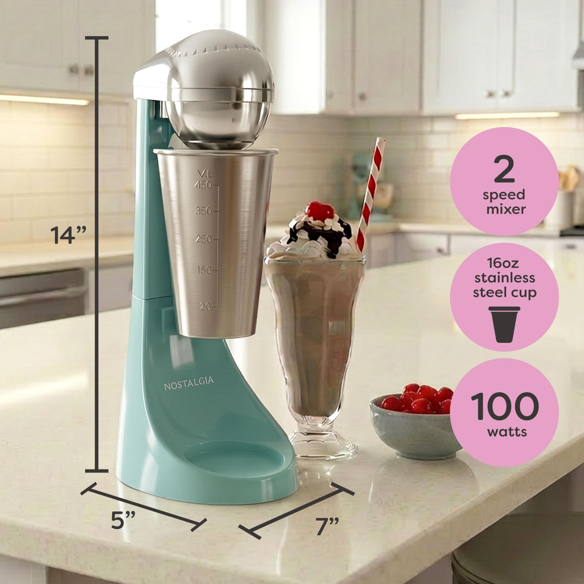 Nostalgia Two-Speed Electric Milkshake Maker and Drink Mixer, Includes 16-Ounce Stainless Steel Mixing Cup and Rod, Aqua