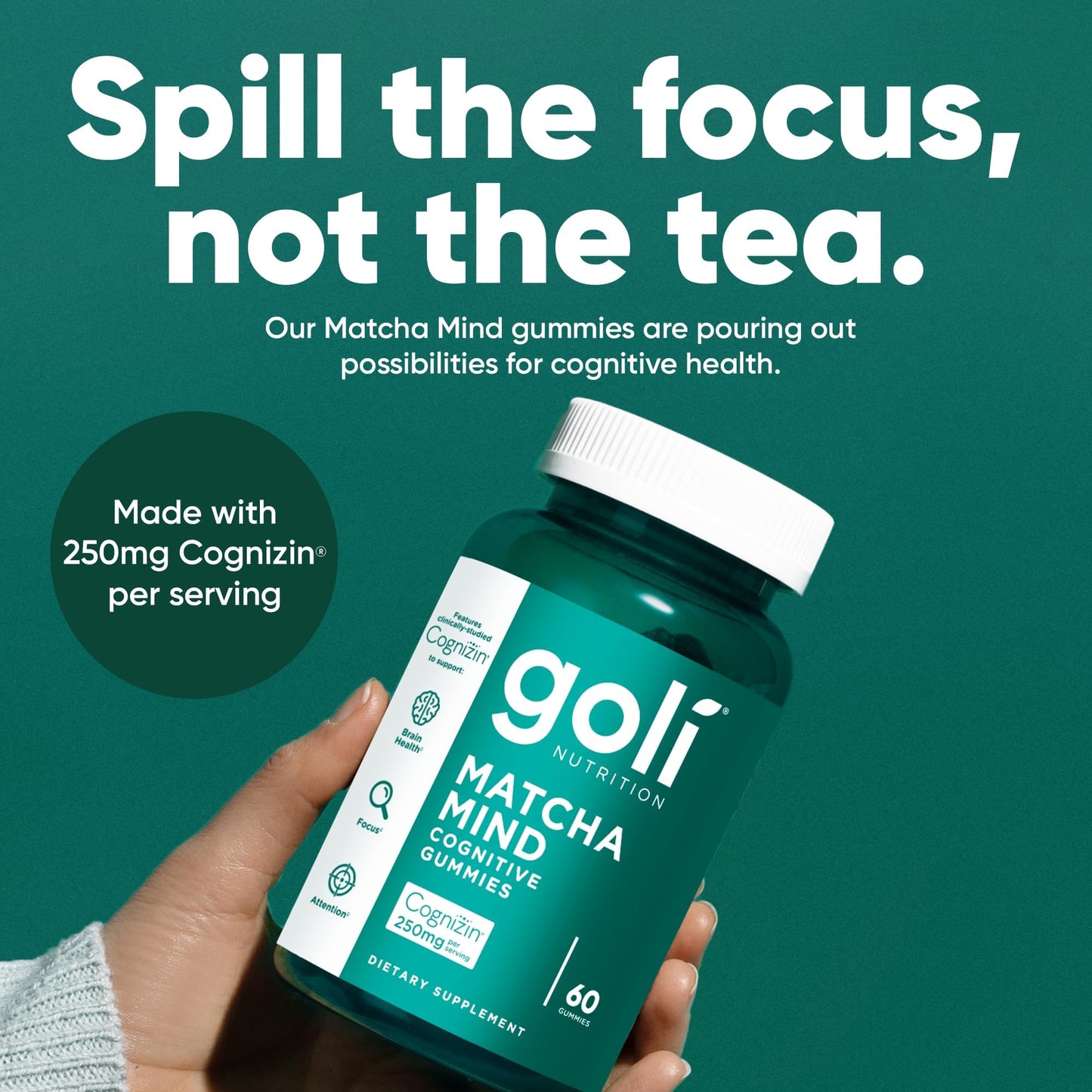 Goli Matcha Mind Cognitive Gummies with Cognizin Citicoline - 250mg Citicoline Plus Matcha Powder - Brain Health and Focus Support - Vegan, Non-GMO, Gluten-Free