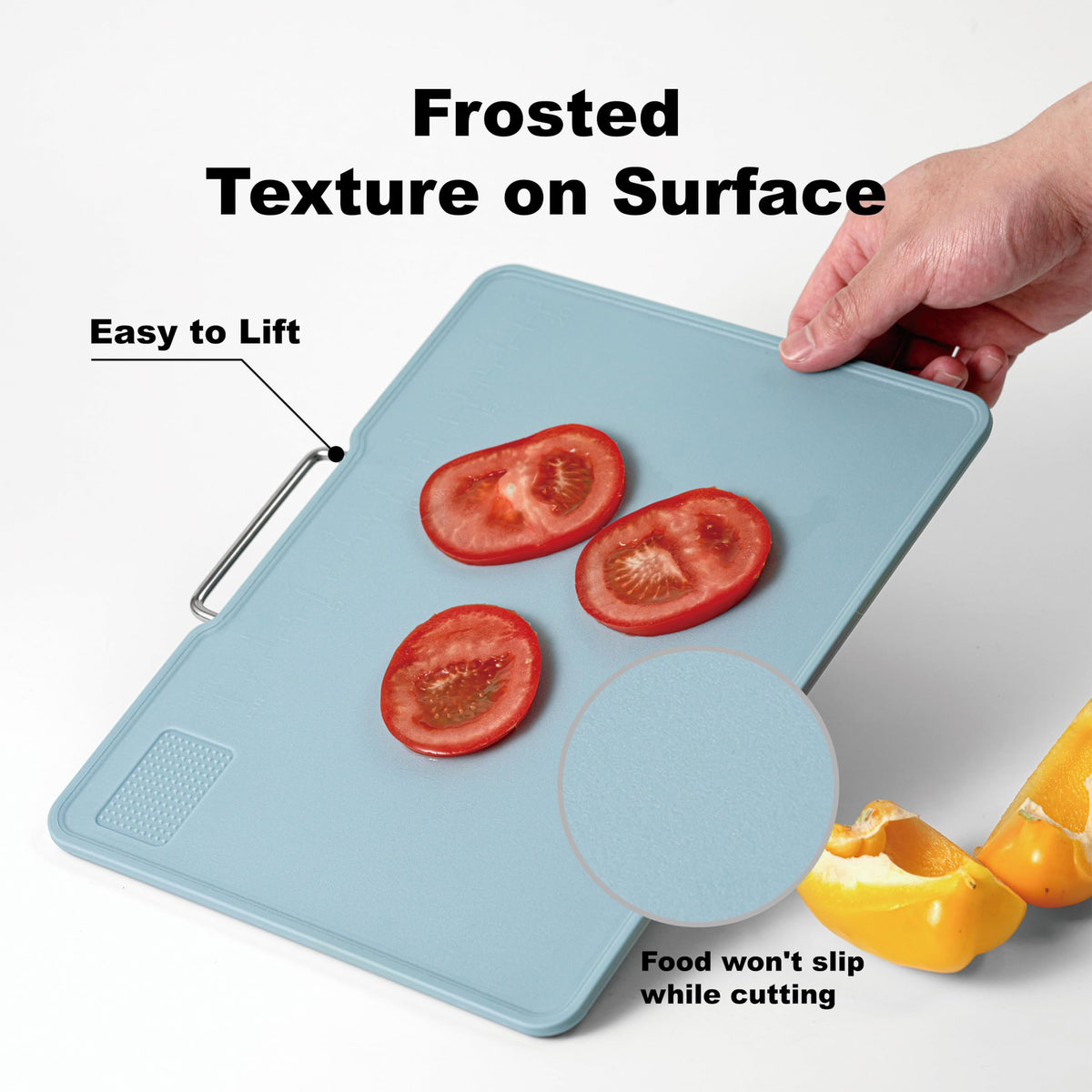 KOFRAND Plastic Cutting Boards with Grinding Area and Measurement, Cutting Boards for Kitchen Dishwasher Safe, Set of 3 with Holder, Non-Slip Design, Stainless Steel Handle, Blue