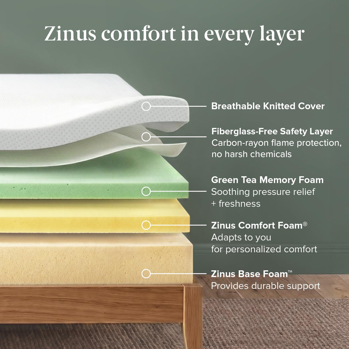 Zinus Memory Foam 12 Inch Green Tea Mattress, King, White