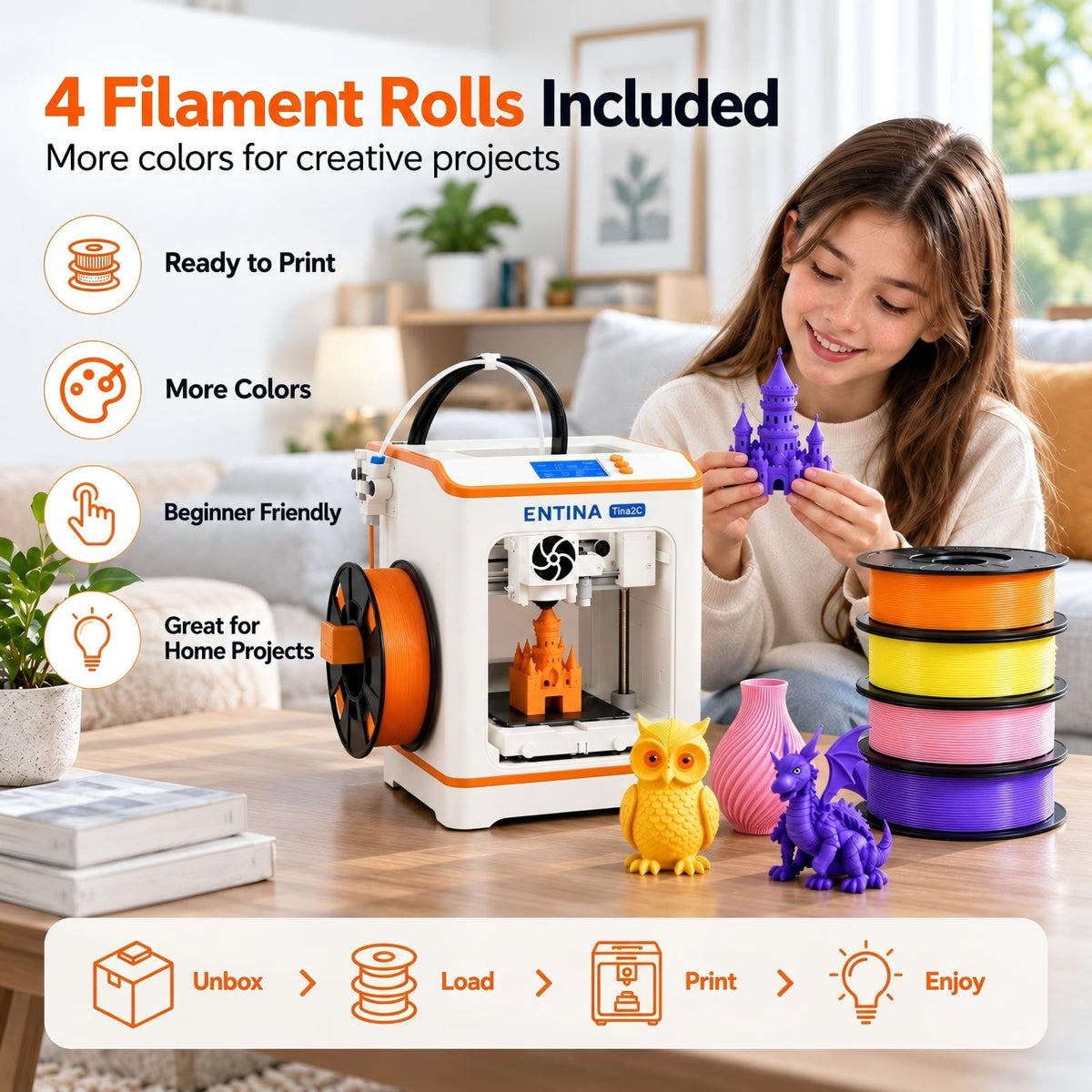 Entina Tina2C Mini 3D Printer Bundle for Kids & Beginners, Fully Assembled, Auto Leveling, Easy Setup, WiFi & App Control, 3500+ Models, 25+ DIY Modules, Includes 4-Color PLA Filament