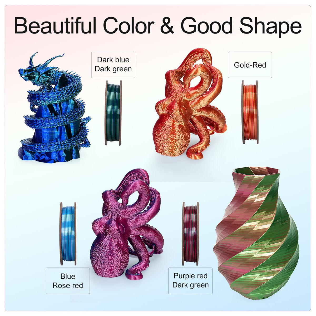Kretrum Silk Dual Color 3D Printer Filament Bundle, 1.75 mm Color Changing PLA Bundle, 4 Spools 250g Each (Rose & Blue, Red & Gold, Violet & Green, Blue & Green)