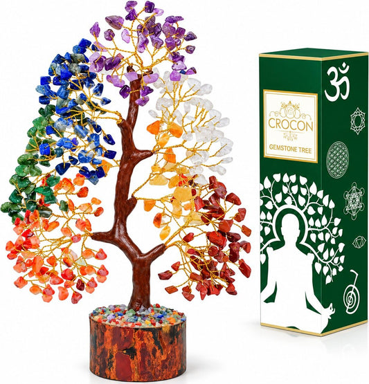 Crocon® 7 Chakra Crystal Tree of Life, Healing Crystals Tree 10-12 Inch,
