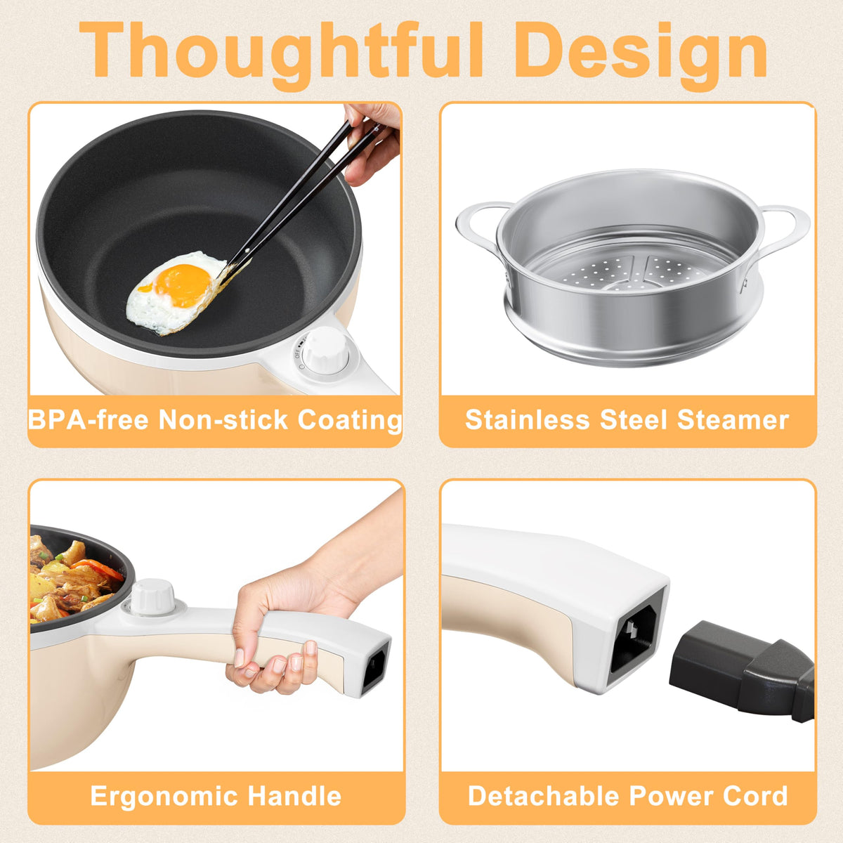 Dezin Electric Pot with Steamer, 1.5L Non-Stick Portable Hot Pot Electric