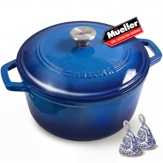 Mueller 6qt Enameled Cast Iron Dutch Oven, Heavy-Duty Casserole and Braiser Pan with Lid and Knob, Safe for All Cooktops, Aqua Blue