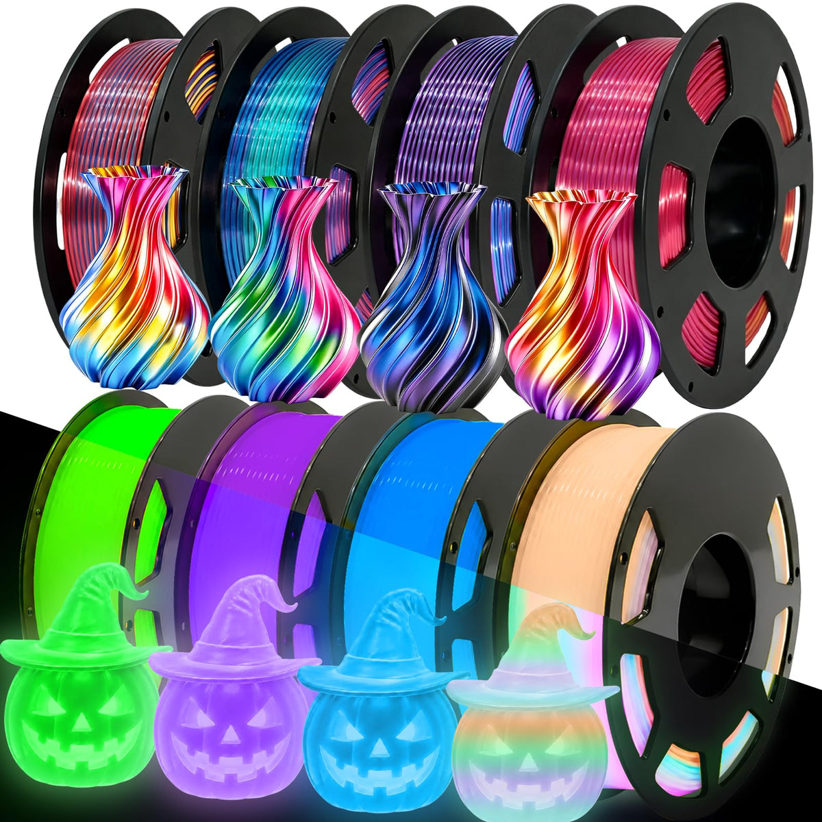 Meuymeu 8P Multicolor Glow in the Dark PLA+ & Tricolor Silk Filament 1.75mm