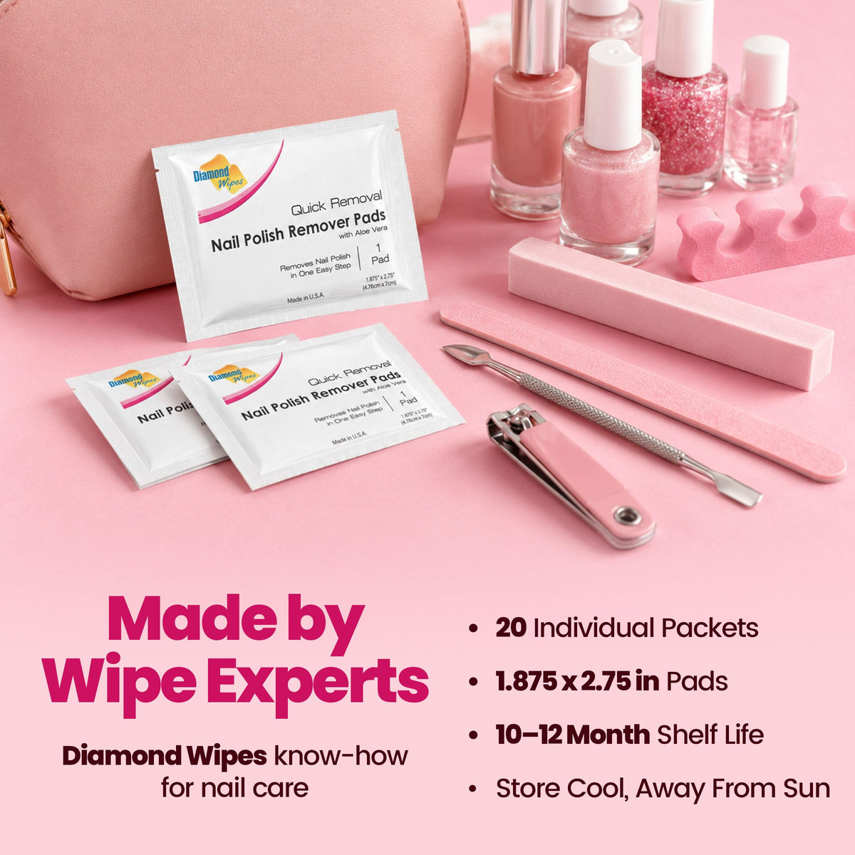 Diamond Wipes Nail Polish Remover Wipes, Aloe Vera Pads, 50 Count