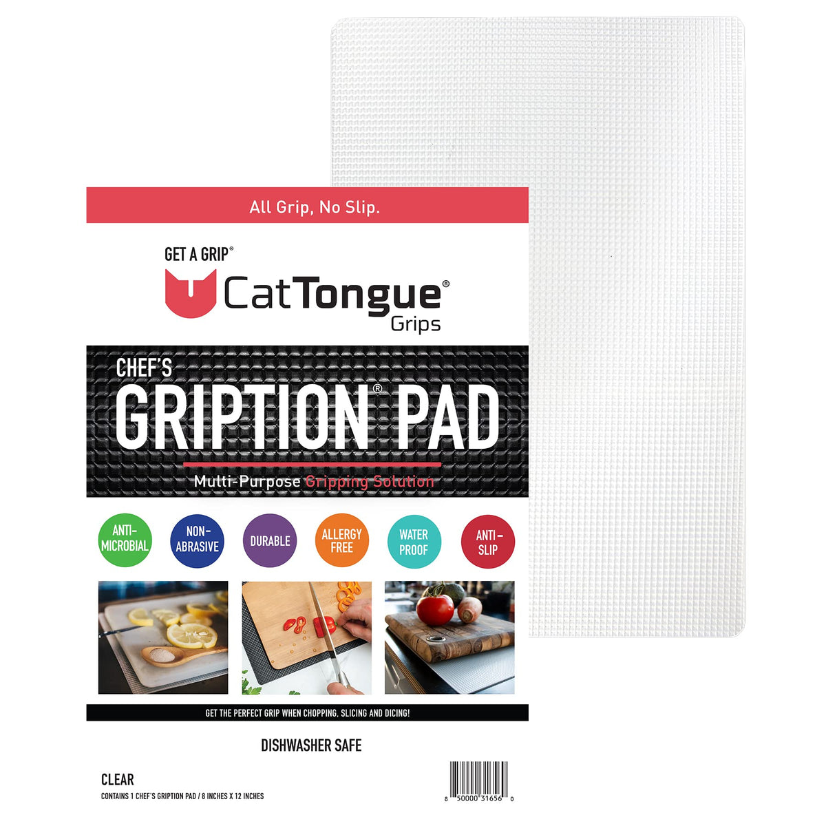 CatTongue Grips 8"x12" Non-Slip Mat for Cutting Board, Clear, 1-Pack