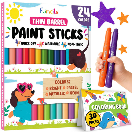 24 Thin Washable Paint Sticks for Kids, Painting Crayons w/Coloring Book
