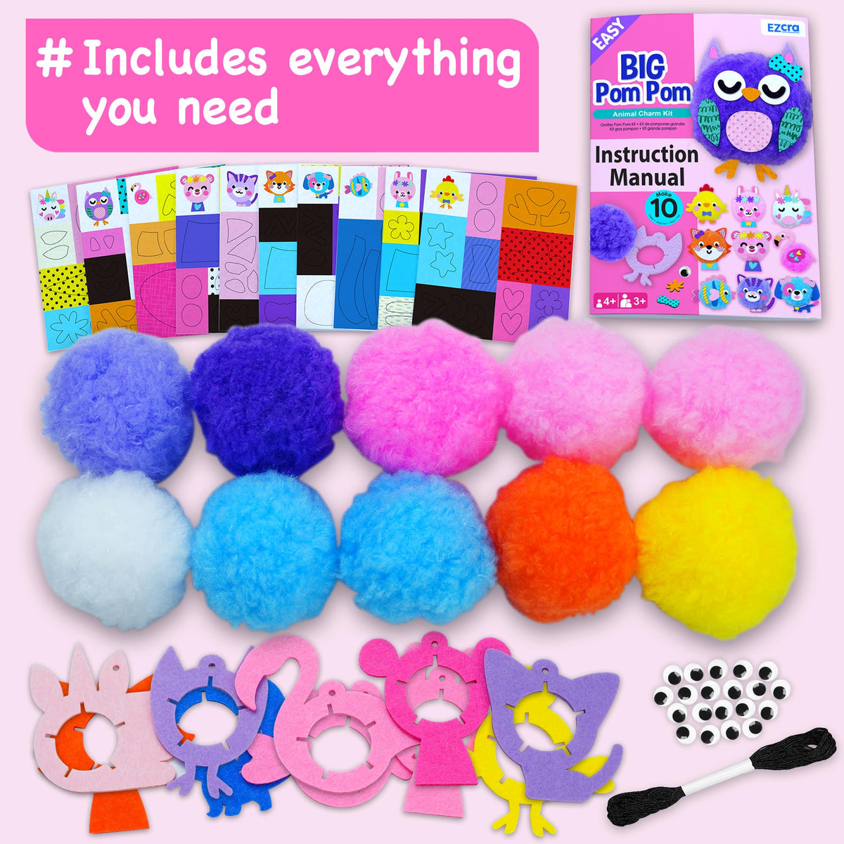 EZCRA Pom Pom Craft Kit - 10-in-1 Unicorn and Animal DIY Set