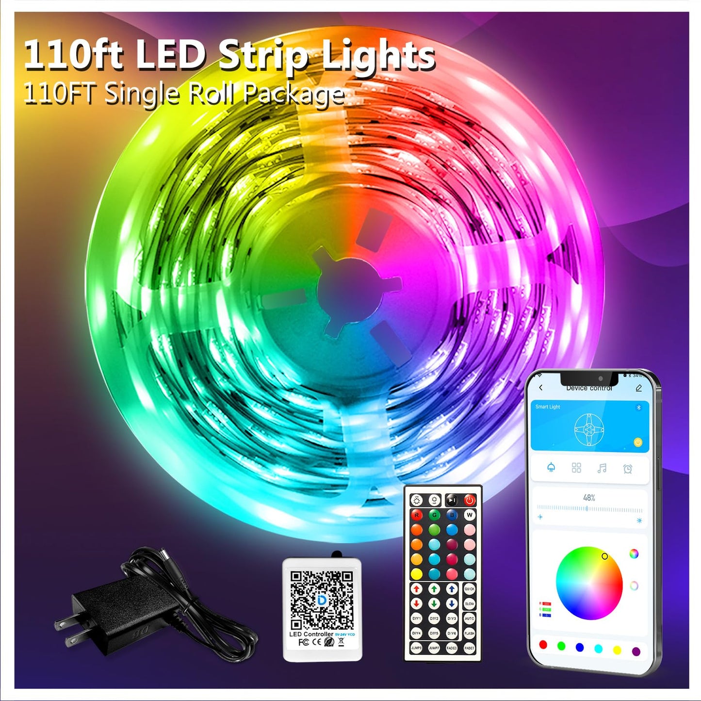 DAYBETTER LED Strip Lights 110ft 1Roll RGB Music Sync Smart App Control