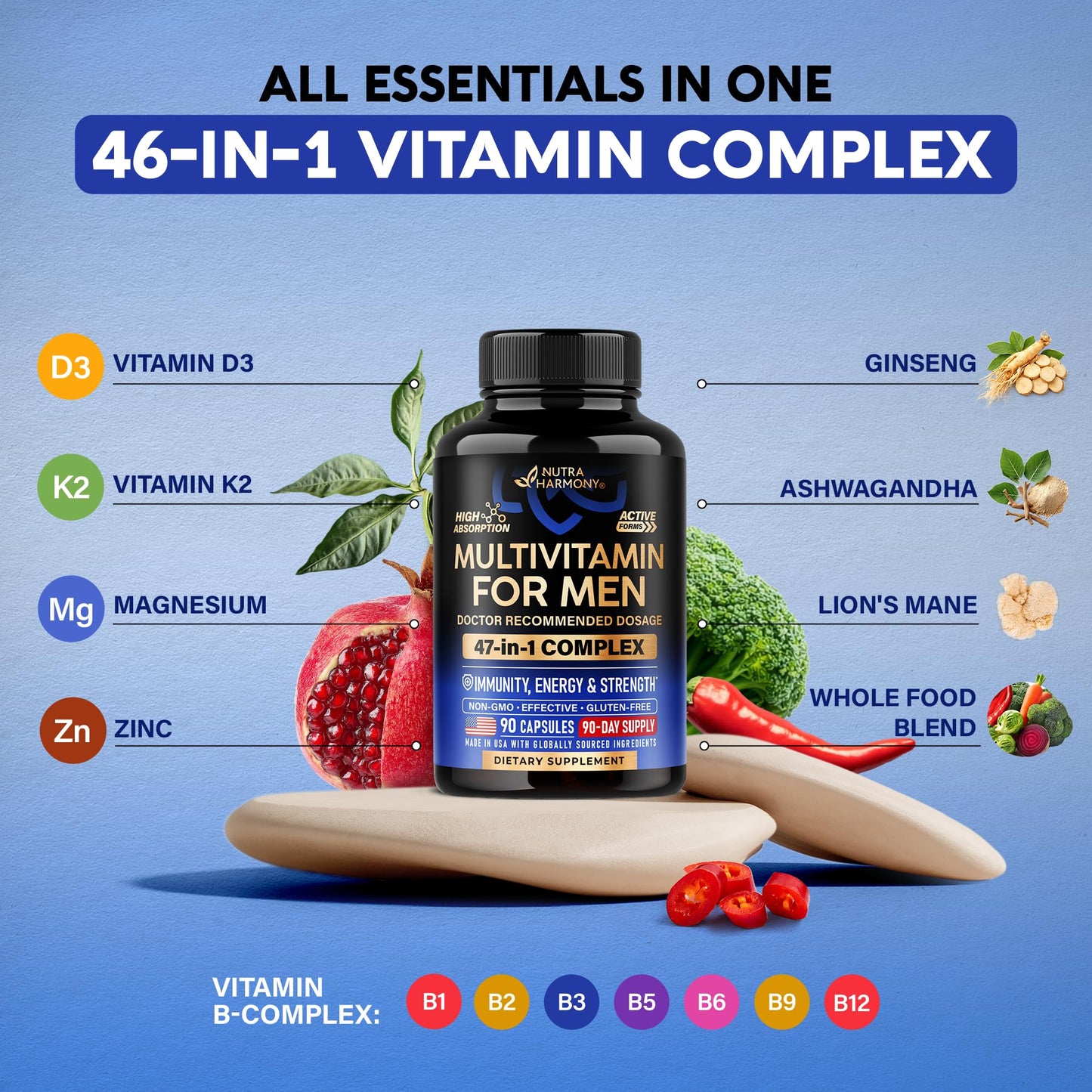 Multivitamin for Men - B-Complex & B12 | Whole Foods & Enzymes - 90 Caps