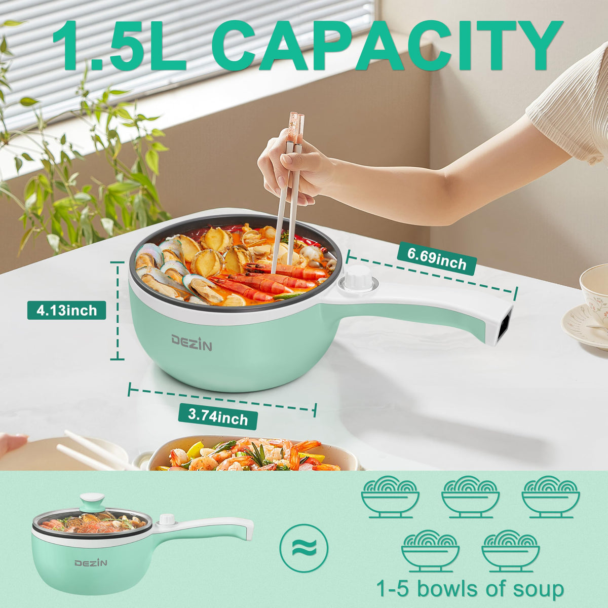 Dezin Hot Pot Electric, 1.5L Non-Stick Portable Electric Pot, Dual Power