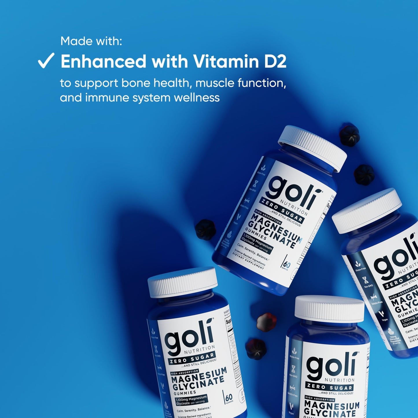 Goli Zero Sugar Magnesium Gummies - 125mg Magnesium (from Magnesium Glycinate) with Vitamin D - No Artificial Sweeteners, No Sugar Alcohols - Vegan, Keto-Friendly, Gluten-Free