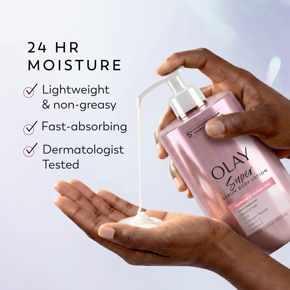 Olay Super Serum Hand & Body Lotion for Aging, 24hr Long Lasting Moisture, Fast Absorbing, 5+ Ingredient Complex for Bright Even Firm Luminous Skin, Sweet Vanilla & Soft Wood Scent, 17 fl oz