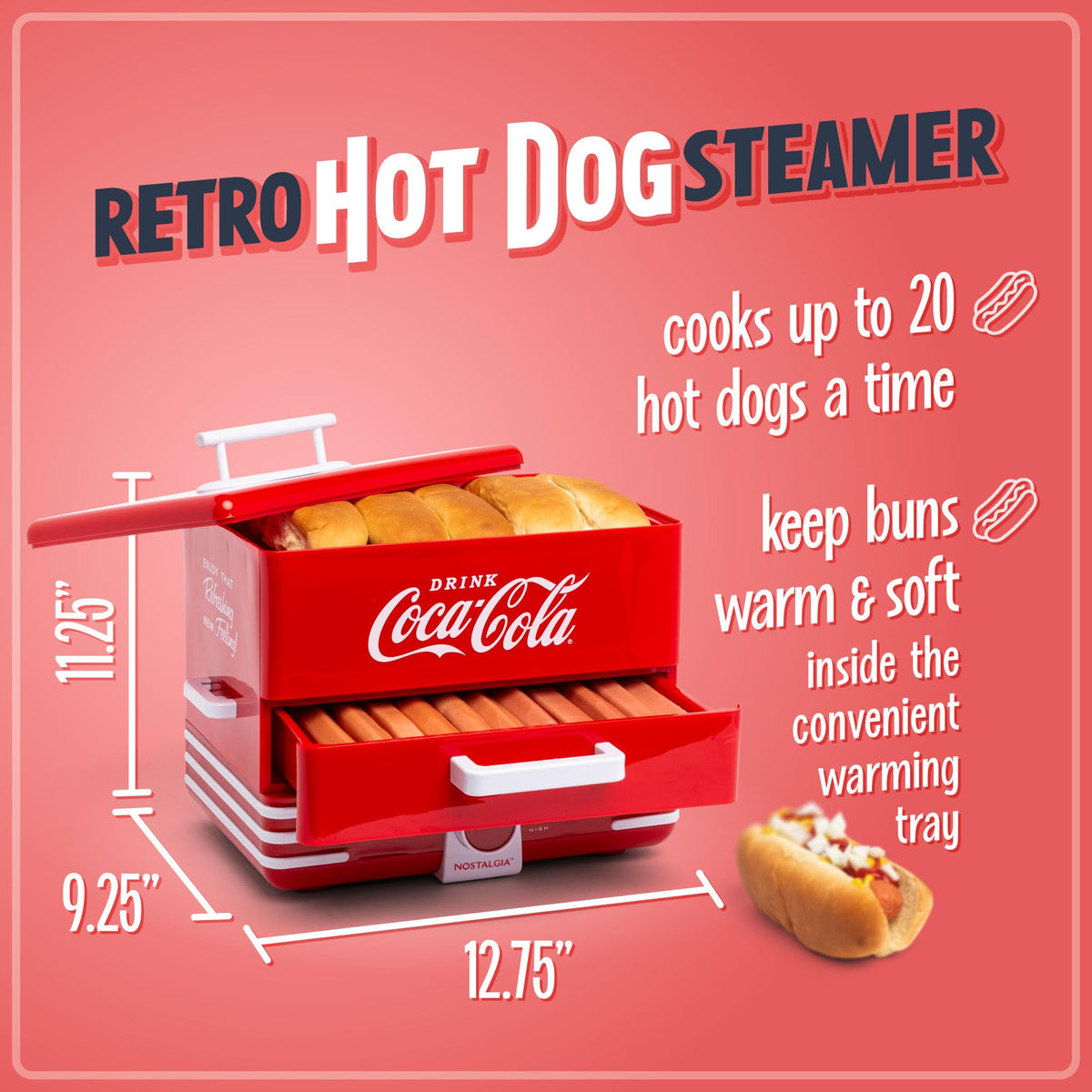 Nostalgia Extra Large Diner-Style Coca-Cola Steamer Cooks 20 Hot Dogs & 6 Buns - Hot Dog Steamer for Breakfast Sausages, Brats, Vegetables & Fish - Bun Steamer Perfect for Game Days or Parties - Red