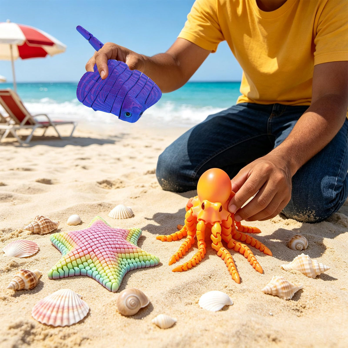 7 Pcs 3D Printed Articulated Fidget Toys, Flexible Sea Creatures Set – Octopus Shark Whale Bioluminescent Starfish Clownfish Ray Starfish for Stress Relief Desk Decoration (Set)