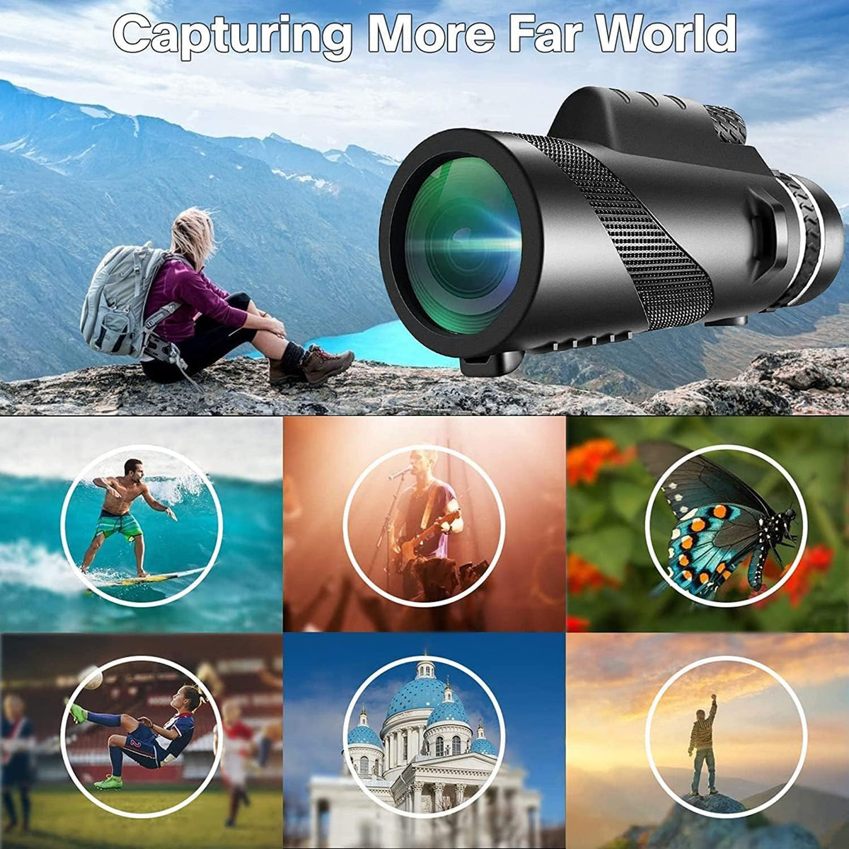 80x100 High‑Powered Monocular Telescope HD Portable Monocular for Adults with Phone Adapter Ideal for Bird Watching Wildlife Travel Camping Hiking‑Black